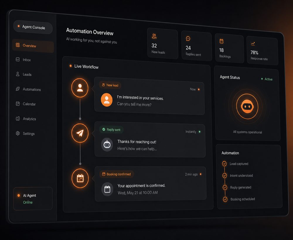Agent console: a lead arrives, a reply is sent, a booking is confirmed