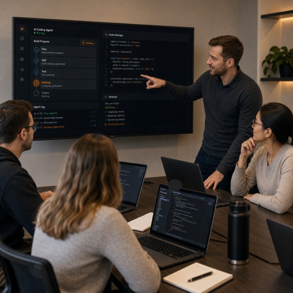 A small team learning hands-on at a screen