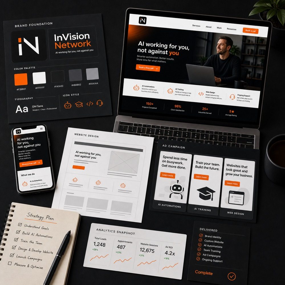 Brand, website, and ads work laid out together