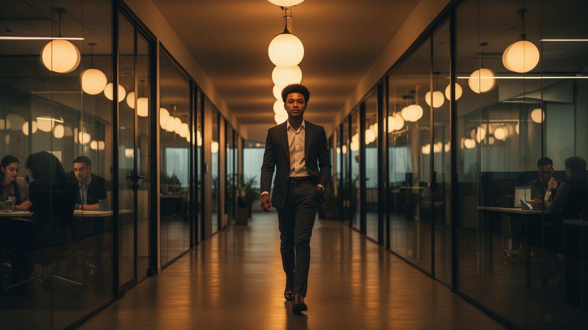 Confident professional walking through modern glass office hallway