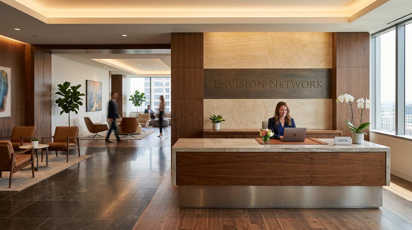 Welcoming premium office reception area with warm ambient lighting