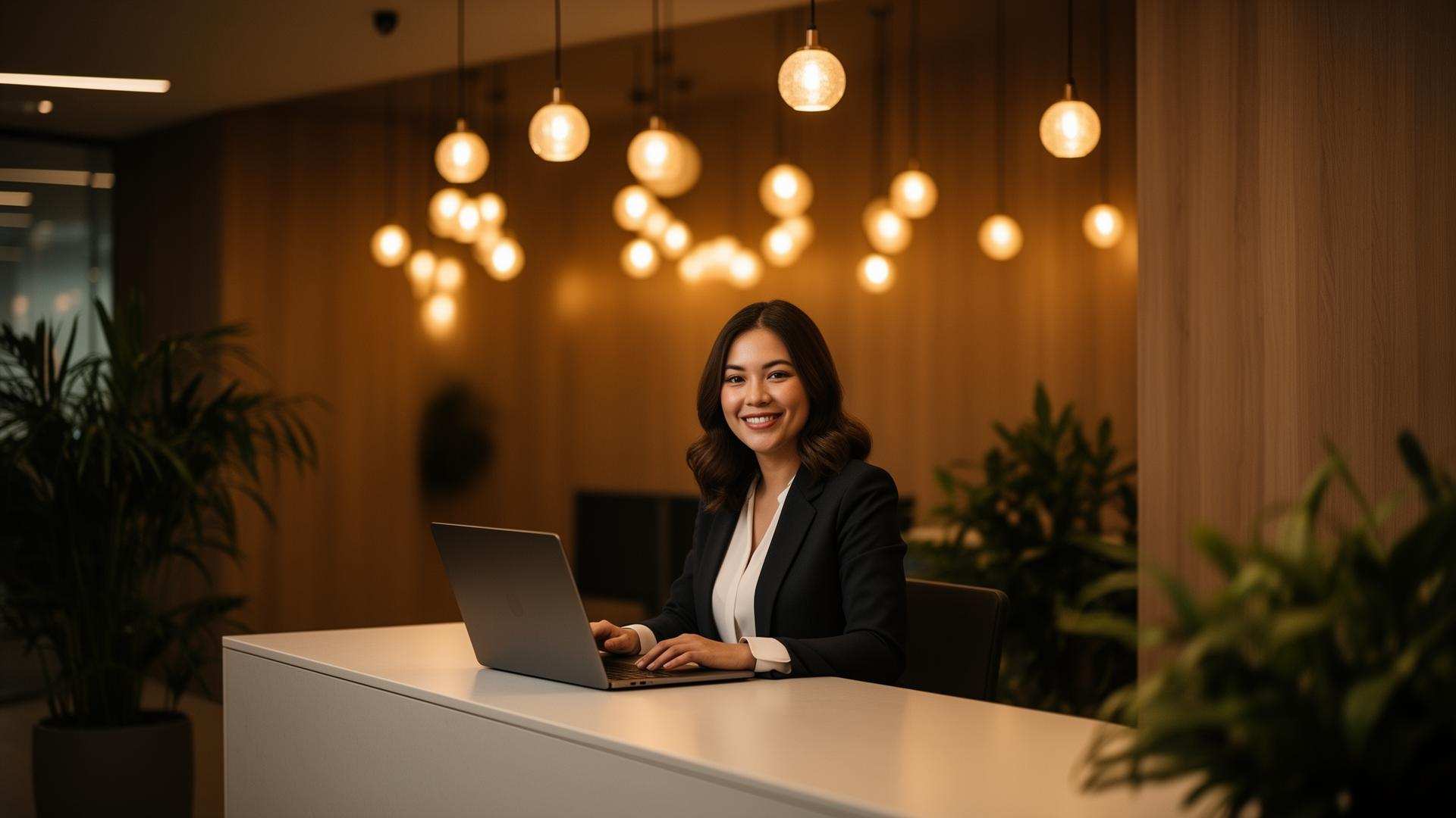 Friendly professional at modern help desk ready to assist